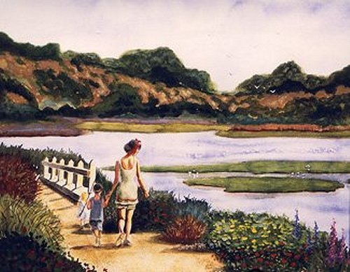 Woman and children going for a dip